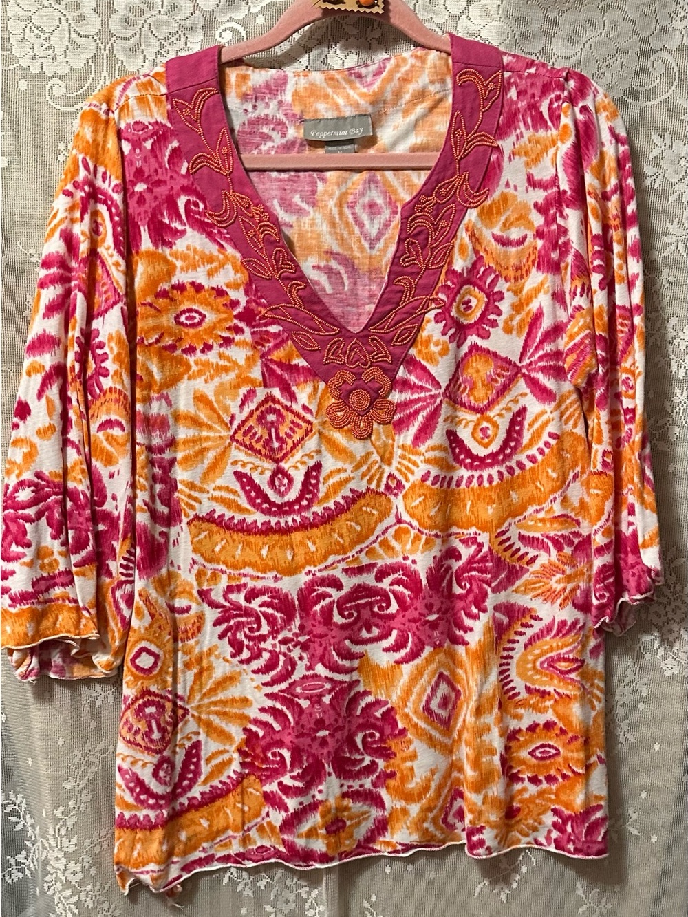 Embroidered V-Neck Tunic in Pink & Orange